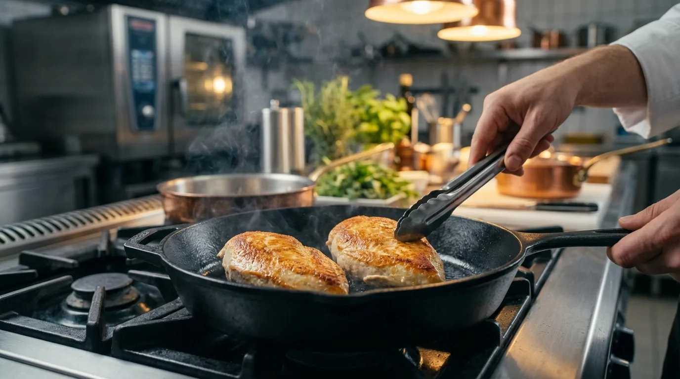 Searing sous vide chicken breasts in a cast iron skillet for a restaurant-quality finish.