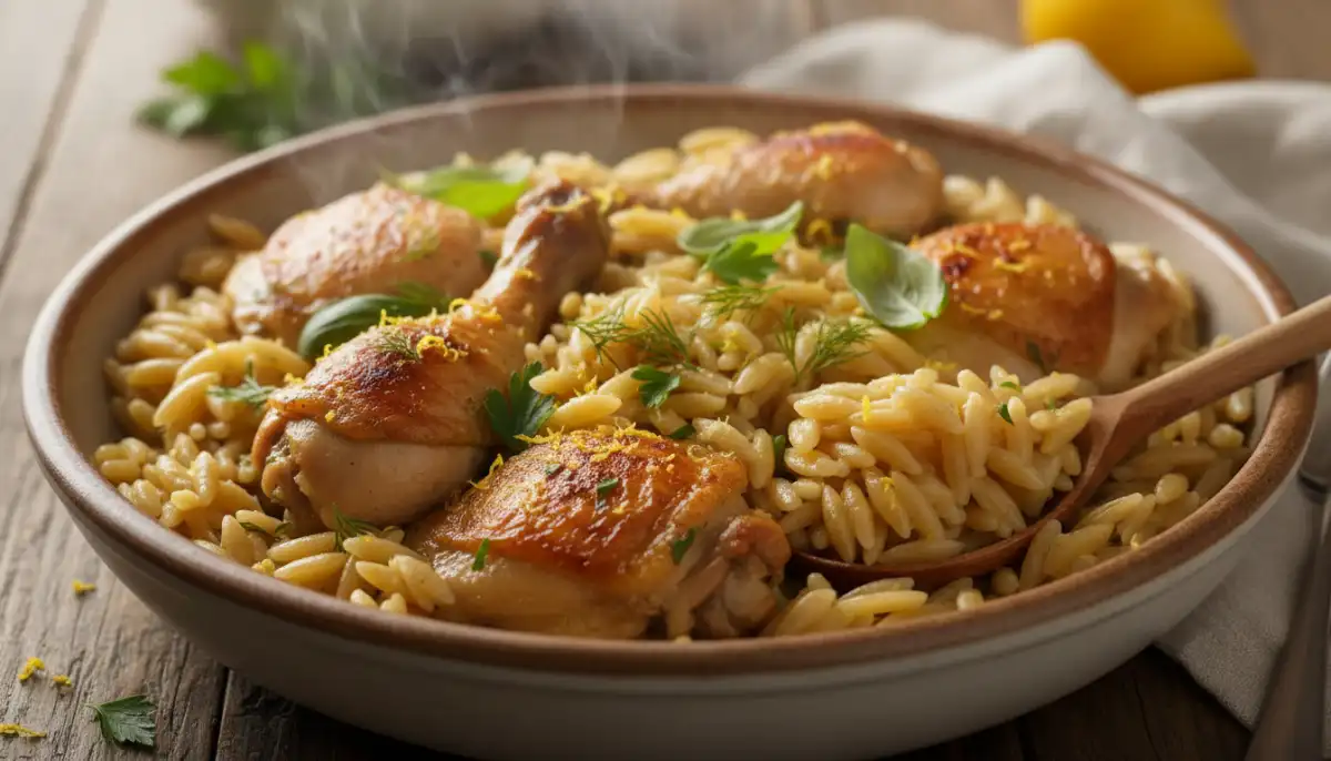 This appetizing image showcases the delicious results of the one-pot lemon herb chicken and orzo recipe, highlighting the tender textures and vibrant flavors achievable even with minimal effort after a long day. This appetizing image showcases the delicious results of the one-pot lemon herb chicken and orzo recipe, highlighting the tender textures and vibrant flavors achievable even with minimal effort after a long day.