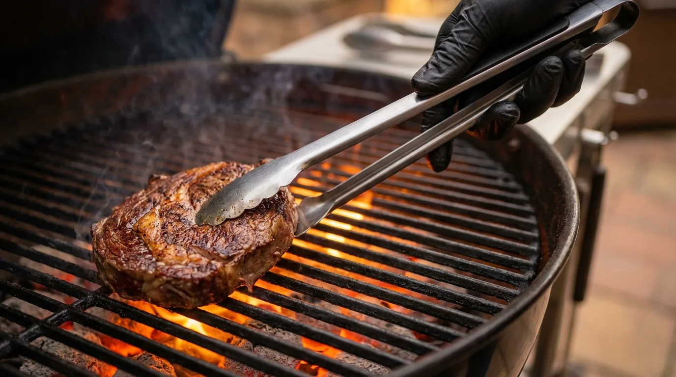 Using long-handled tongs to carefully move a steak on the grill, minimizing the risk of flare-ups.